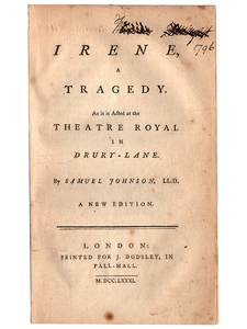 Samuel Johnson. Irene. 1781. First edition.