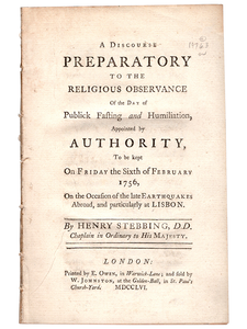 Henry Stebbing. A Discourse Preparatory to the Religious Observance of the Day of Public Fasting and Humiliation. 1756. First edition.